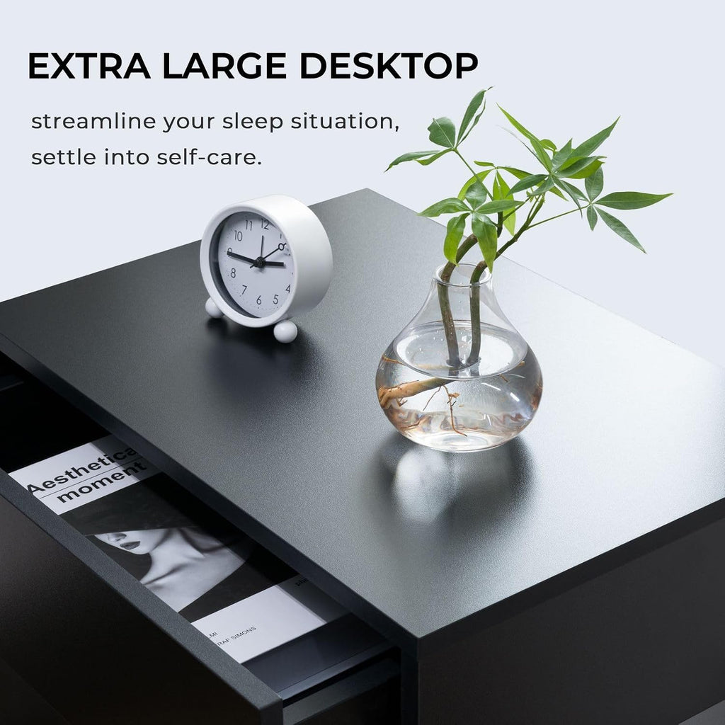 i-aplus Black LED Nightstand Set of 2,Night Stand Set 2,Modern Night Stand with 3 Drawers,Night Stands for Bedroom Set of 2,Bedside Table with Silent Slide Drawer