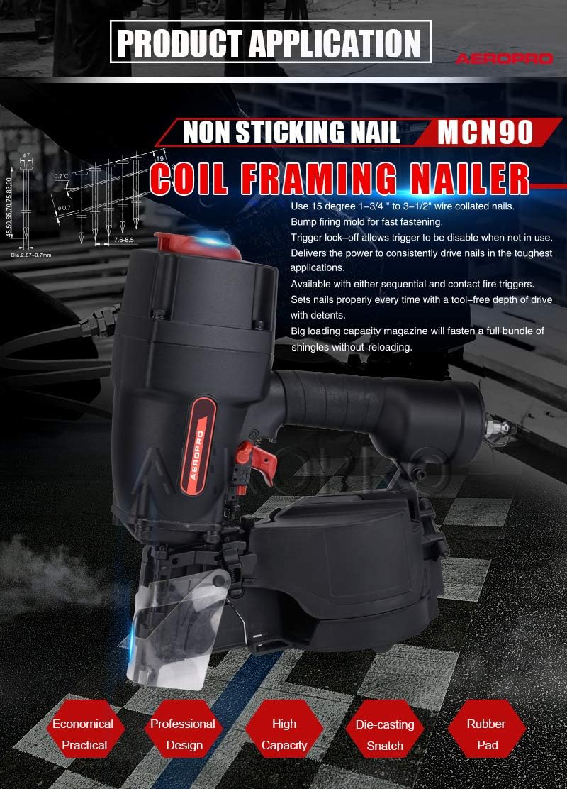 AeroPro MCN90 15 Degree Coil Industrial Pallet and Crate Nailer 1-1/2' to 3-1/2'