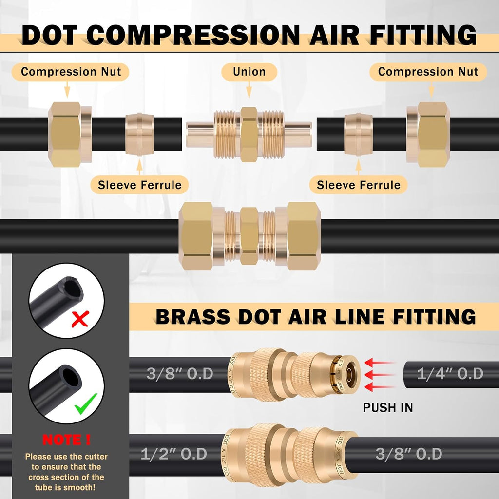 CheeMuii 156 PCS Brass DOT Air Line Fittings with 4 Roll 100FT 1/8' 1/4' 3/8' 1/2' DOT Air Lines Kit Push Lock Air Fitting Quick Connect Air Fittings with Air Hose Pneumatic Tubing