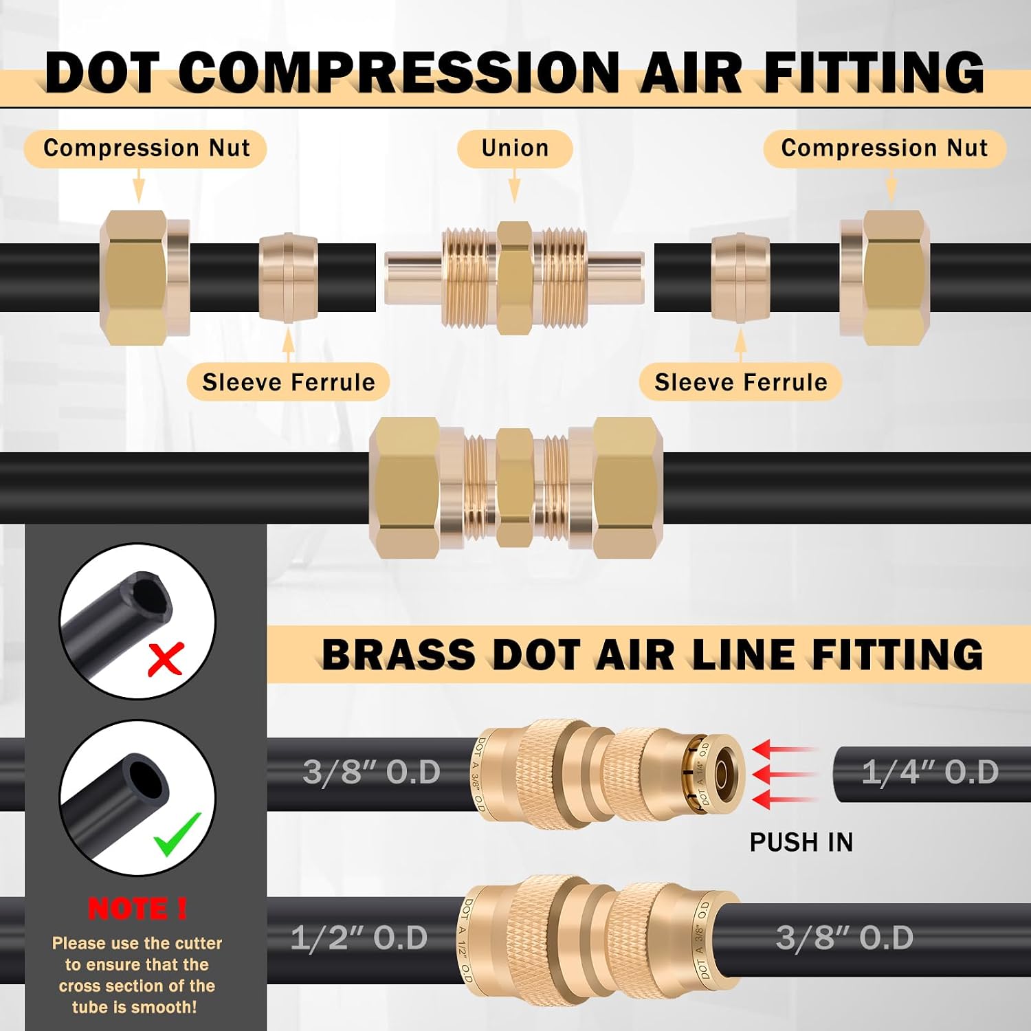 CheeMuii 156 PCS Brass DOT Air Line Fittings with 4 Roll 100FT 1/8' 1/4' 3/8' 1/2' DOT Air Lines Kit Push Lock Air Fitting Quick Connect Air Fittings with Air Hose Pneumatic Tubing