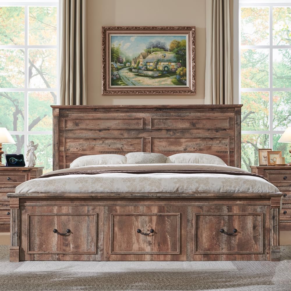 Aitjunz Farmhouse King Size Bed Frame with 51' Tall Headboard, Wood Platform Bed Frame with 20' Tall Roman Column Decoration Footboard & 3 Large Storage Drawers, No Box Spring Needed (Light Brown)
