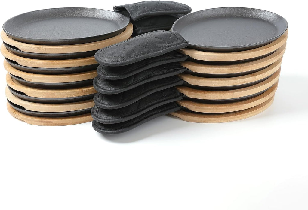 HAWOK Cast Iron Fajita Plate, 15.35''Lx7.09''W, with Bamboo Tray and Handle Holder, Pre-seasoned, Set of 12