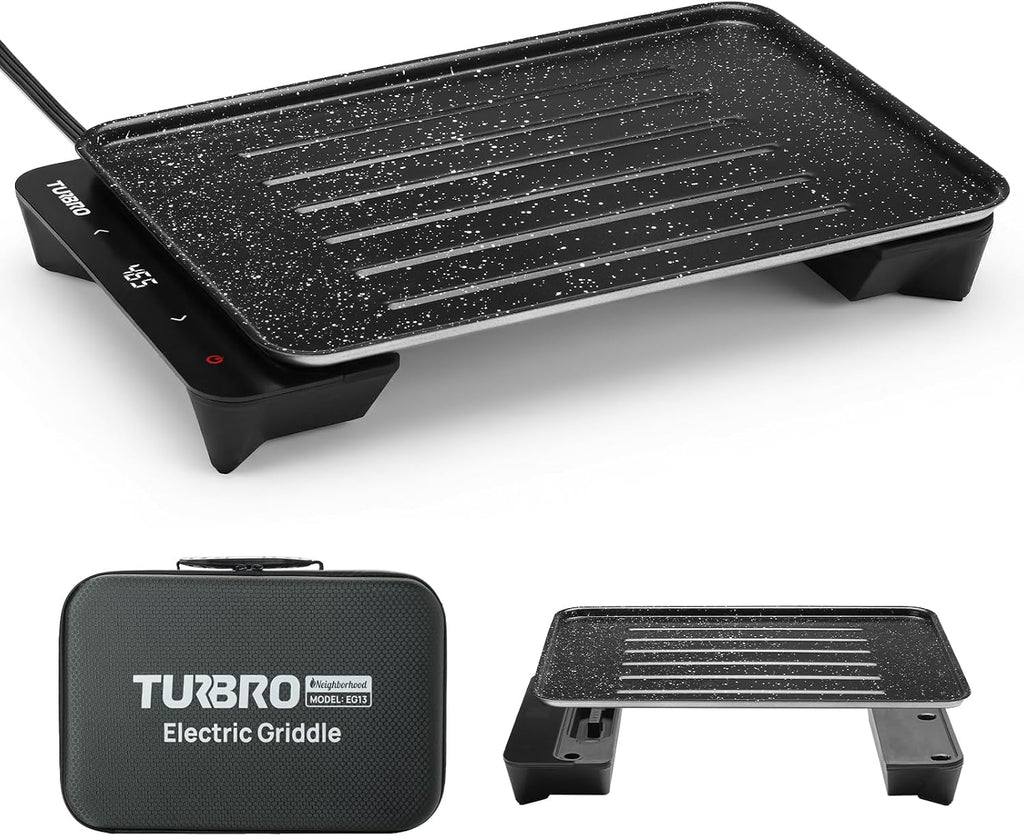 TURBRO EG13 Portable Electric Griddle, Low-Power 300-600W, Thick-Film Fast Heating to 465°F, Non-Stick Smokeless Indoor/Outdoor Grill with Smart NTC Temp Control for RV, Camping & Picnics