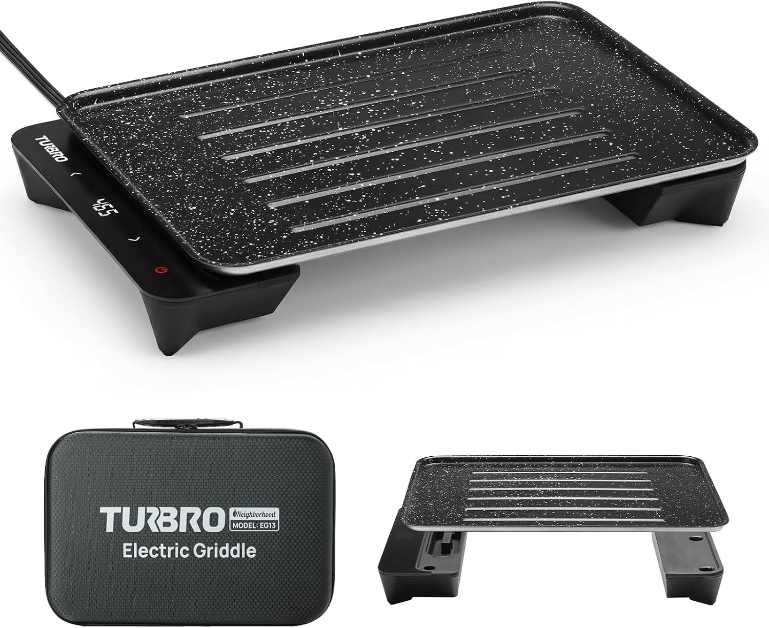 TURBRO EG13 Portable Electric Griddle, Low-Power 300-600W, Thick-Film Fast Heating to 465°F, Non-Stick Smokeless Indoor/Outdoor Grill with Smart NTC Temp Control for RV, Camping & Picnics