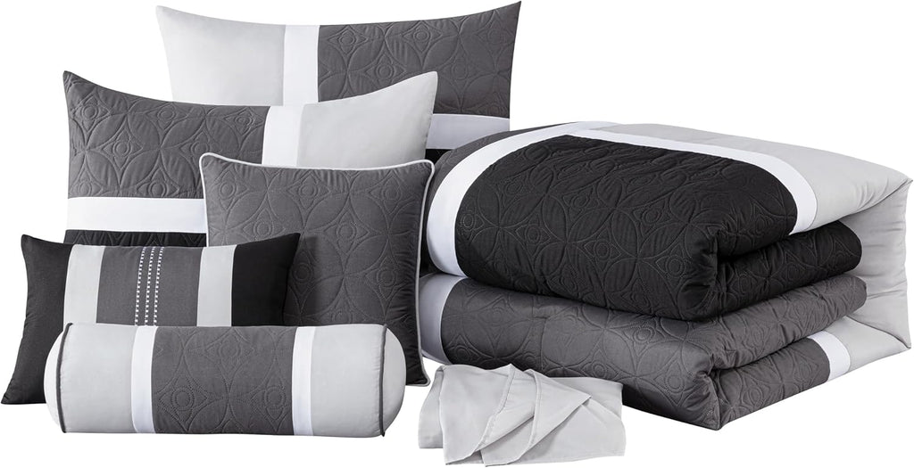 Chezmoi Collection Upland 7-Piece Quilted Patchwork Comforter Set, Black/Gray/Light Gray, Oversized King