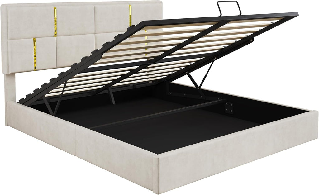 JIJIWANG Queen Size Upholstered Platform Bed with Hydraulic Storage System,Velvet Bed Frame with Headboardqueen Bed Brame with Storage No Box Spring Needed,Beige
