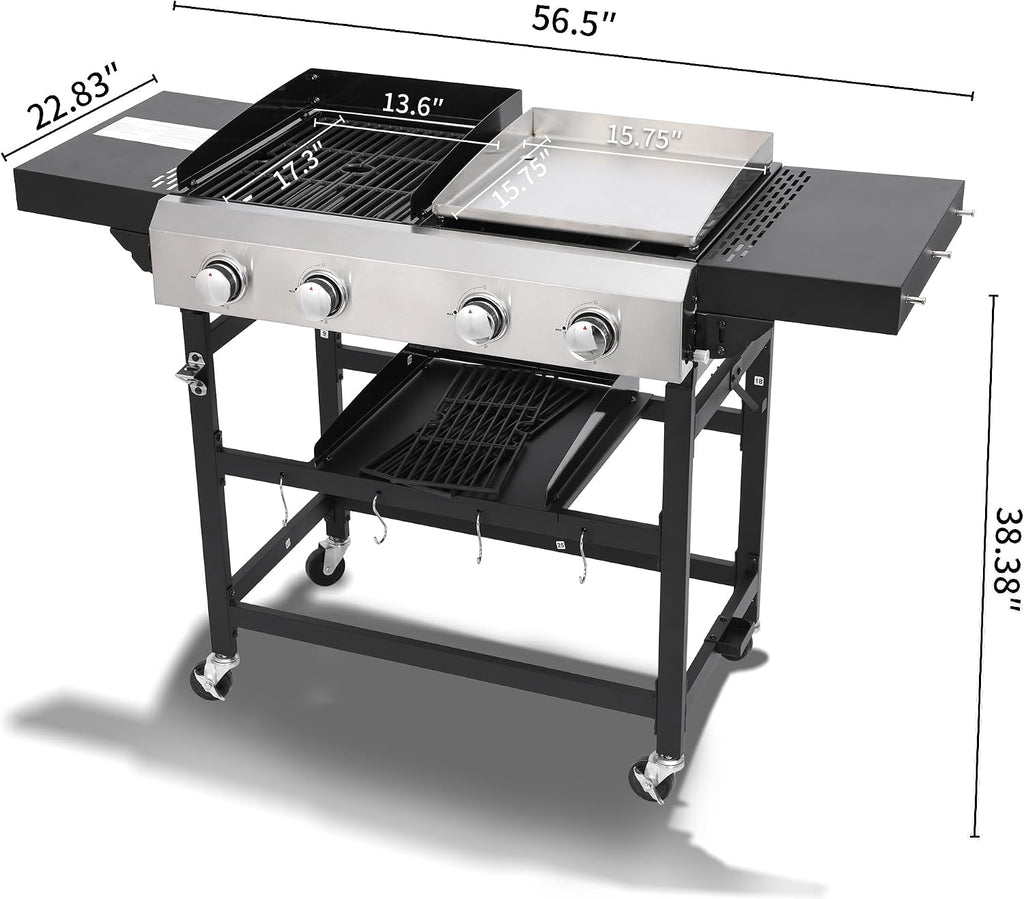 2+2-Burner Propane Gas BBQ Grill, 38200BTU Powerful Outdoor Grill with Stainless Steel Plancha & Side Tables, Portable Foldable Design for Backyard, Camping, Tailgating and Patio Barbecue (56 IN)