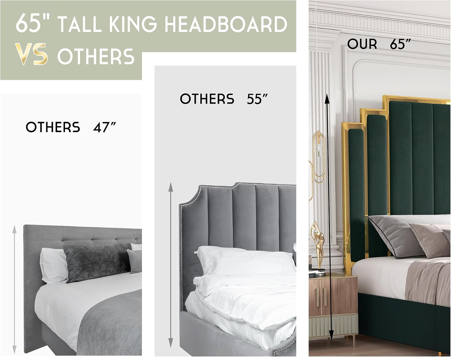 HOWE King Size Bed Frame and 65' Headboard, Upholstered Bed with Golden Plating Trim, Modern Platform Bed No Box Spring Needed, Green