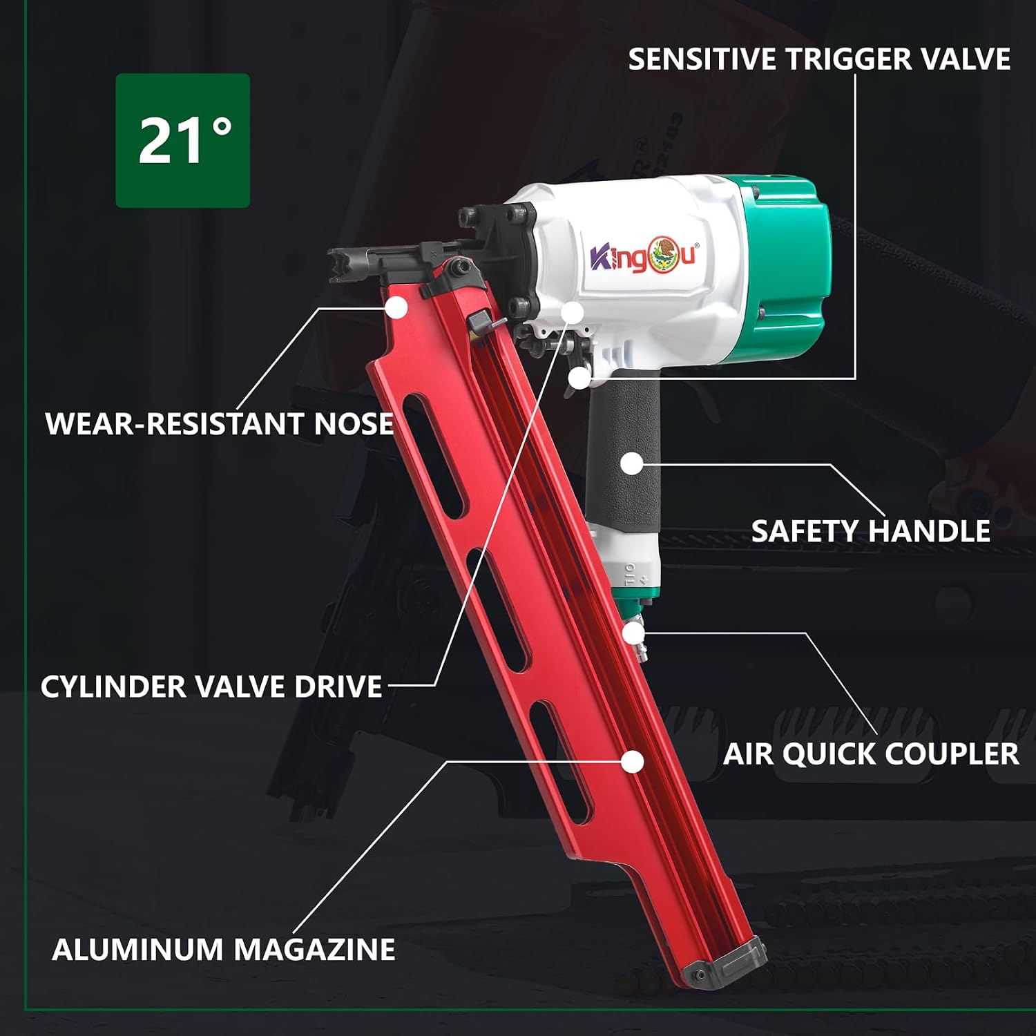 KingOu Mexican Style 21 Degree NR2183M Light Weight (7.8lb) Framing Nailer, Pneumatic Framing Nail Gun with Aluminum Magazine, 2-Inch up to 3-1/4-Inch Plastic Collated Full Head Framing Nails
