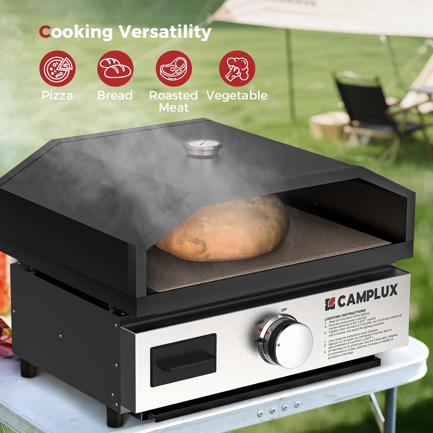 CAMPLUX Portable Propane Grill & Pizza Oven Combo, 11,000 BTU Tabletop Gas Griddle with 17' Pizza Oven Kit and Cordierite Stone, Compact Outdoor Mini Oven for Crispy Pizza, Camping, RV & Tailgating