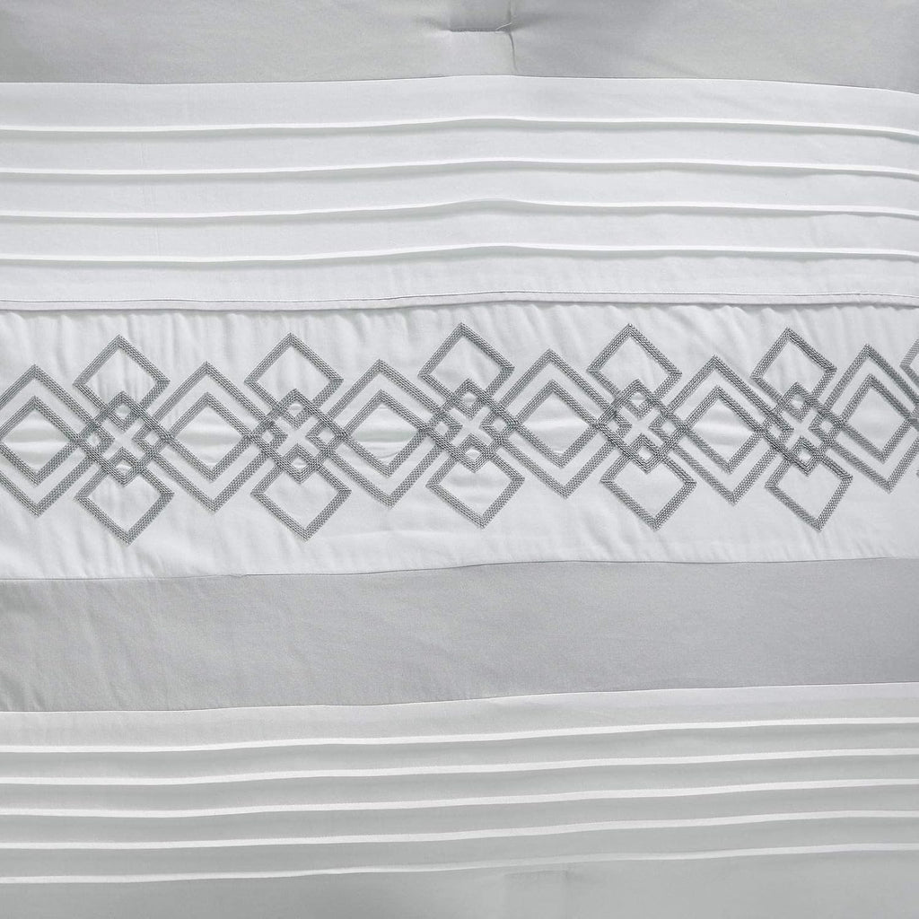 Chezmoi Collection Ariel 7-Piece Gray Geometric Chenille Embroidery Pleated Striped Comforter Bedding Set, Oversized King Size