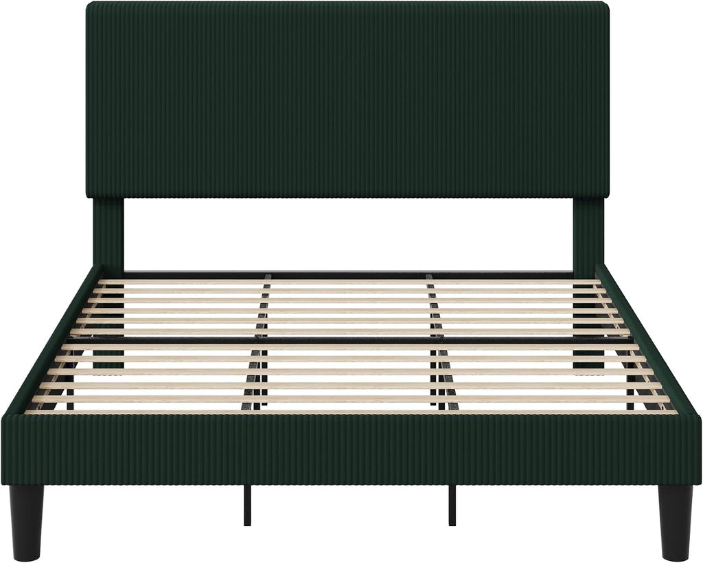 Allewie King Size Upholstered Bed Frame with Vertical Channel Tufted Headboard, Soft Corduroy Fabric Platform Bed, Strong Wooden Slats Support, Easy Assembly, No Box Spring Needed, Dark Green