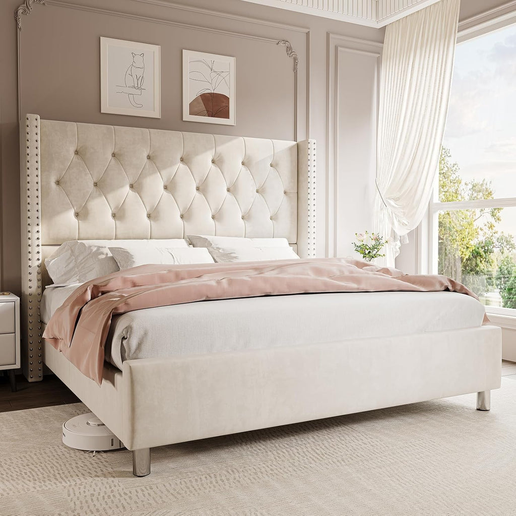 Jocisland Queen Bed Frame Upholstered Bed Wingback Headboard Velvet Tufted Diamond Button/No Box Spring Needed/Easy Assembly/Cream