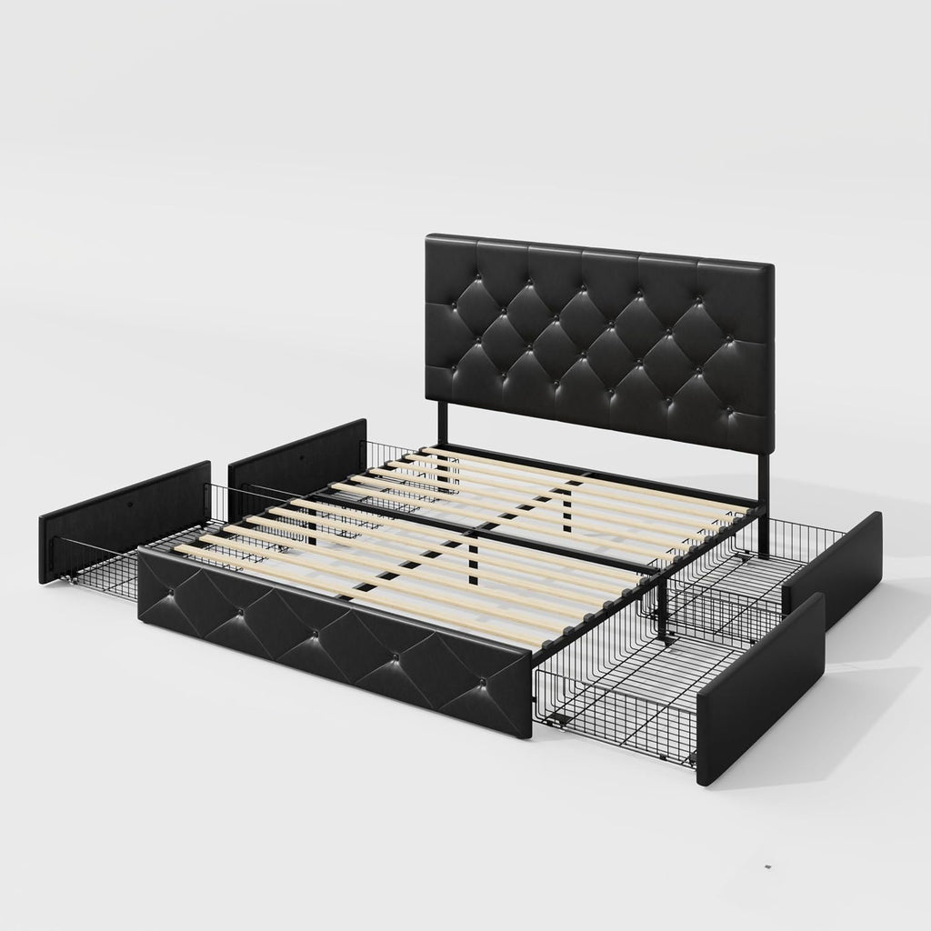 Allewie Upholstered Full Size Platform Bed Frame with 4 Storage Drawers and Headboard, Diamond Stitched Button Tufted, Mattress Foundation with Wooden Slats Support, No Box Spring Needed, Black