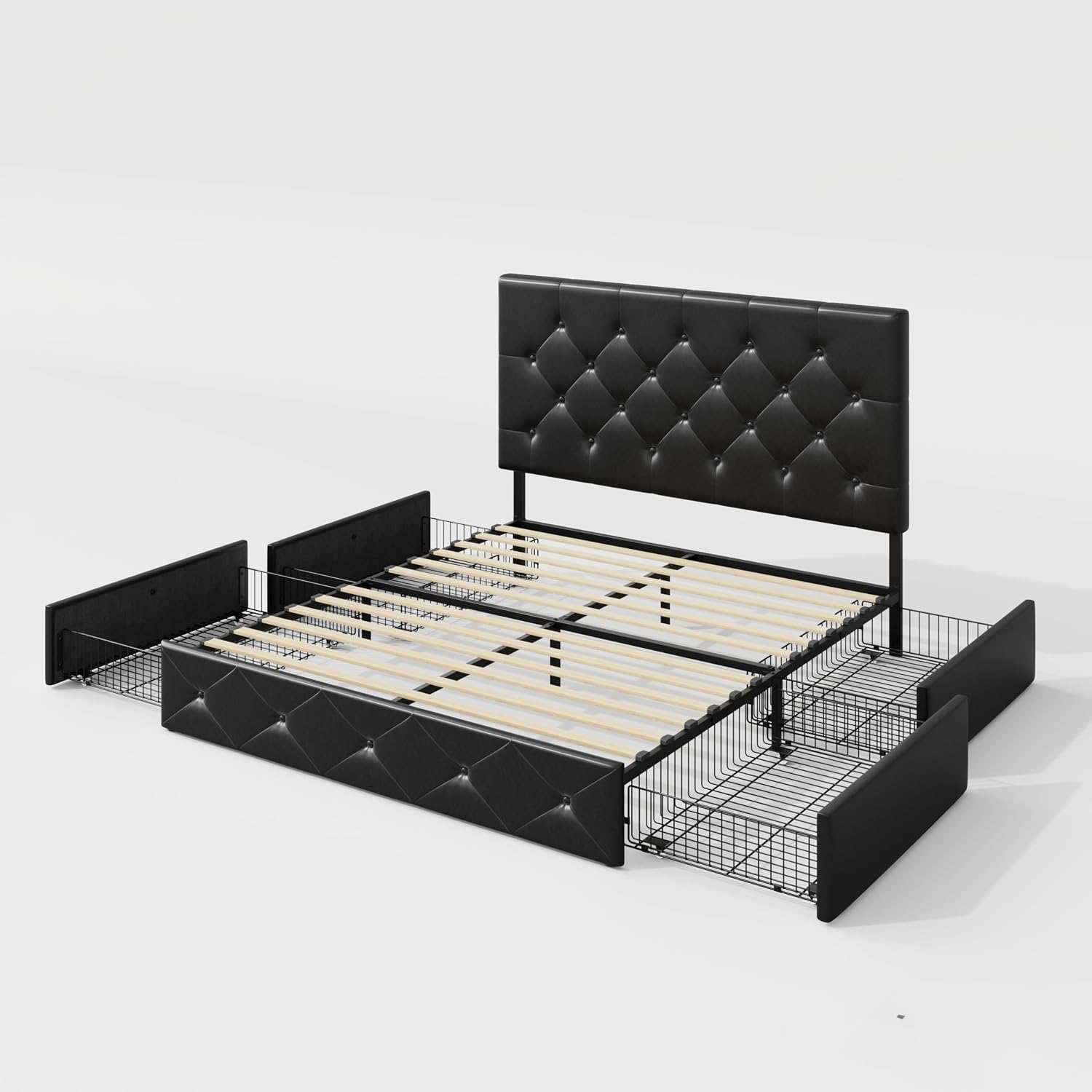 Allewie Upholstered Full Size Platform Bed Frame with 4 Storage Drawers and Headboard, Diamond Stitched Button Tufted, Mattress Foundation with Wooden Slats Support, No Box Spring Needed, Black