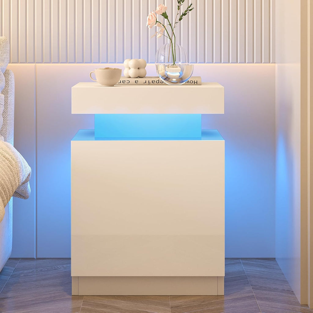 Nightstands Set 2, 15 Inches LED Night Stand Set of 2, Modern Bedside Table with LED Lights, High Gloss Surface, End Table with Storage for Bedroom, Whites