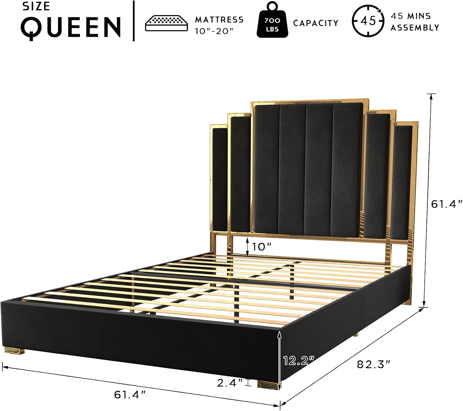 HOWE Queen Size Bed Frame and 61' Headboard, Upholstered Bed with Golden Plating Trim, Modern Platform Bed No Box Spring Needed, Black