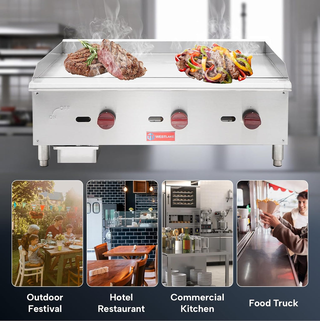WESTLAKE 36'W Commercial Gas Griddle Countertop Natural Gas and Propane Griddle with 3 Burners 90000 BTU, Stainless Steel Plate Grill for Restaurants
