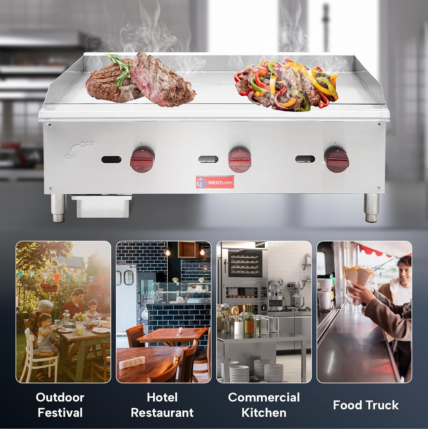 WESTLAKE 36'W Commercial Gas Griddle Countertop Natural Gas and Propane Griddle with 3 Burners 90000 BTU, Stainless Steel Plate Grill for Restaurants