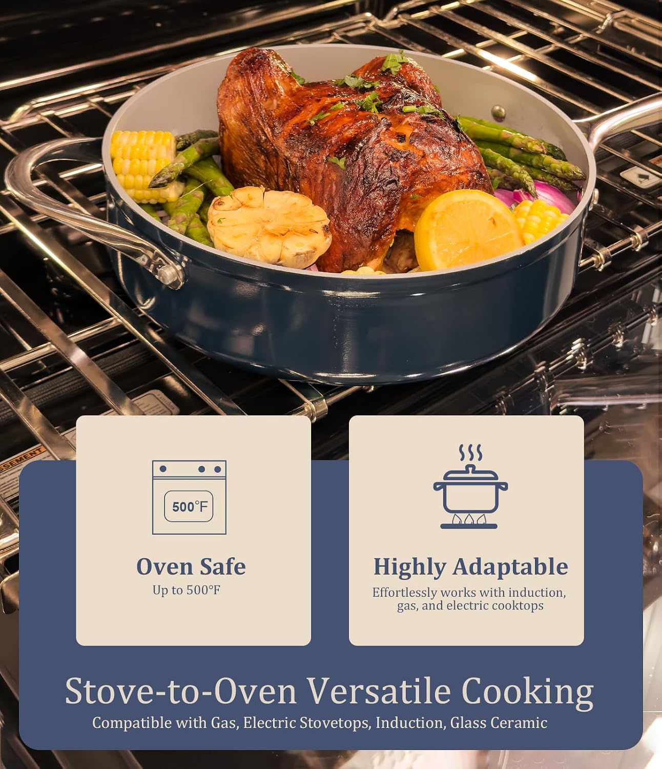 CookinCraze Ceramic Cookware Set 8 Pieces Nonstick Pots and Pans Set with Lid PFAS-Free Non Toxic Cookware, Induction Compatible, Oven Safe, Quick & Even Heat Distribution, Navy Blue