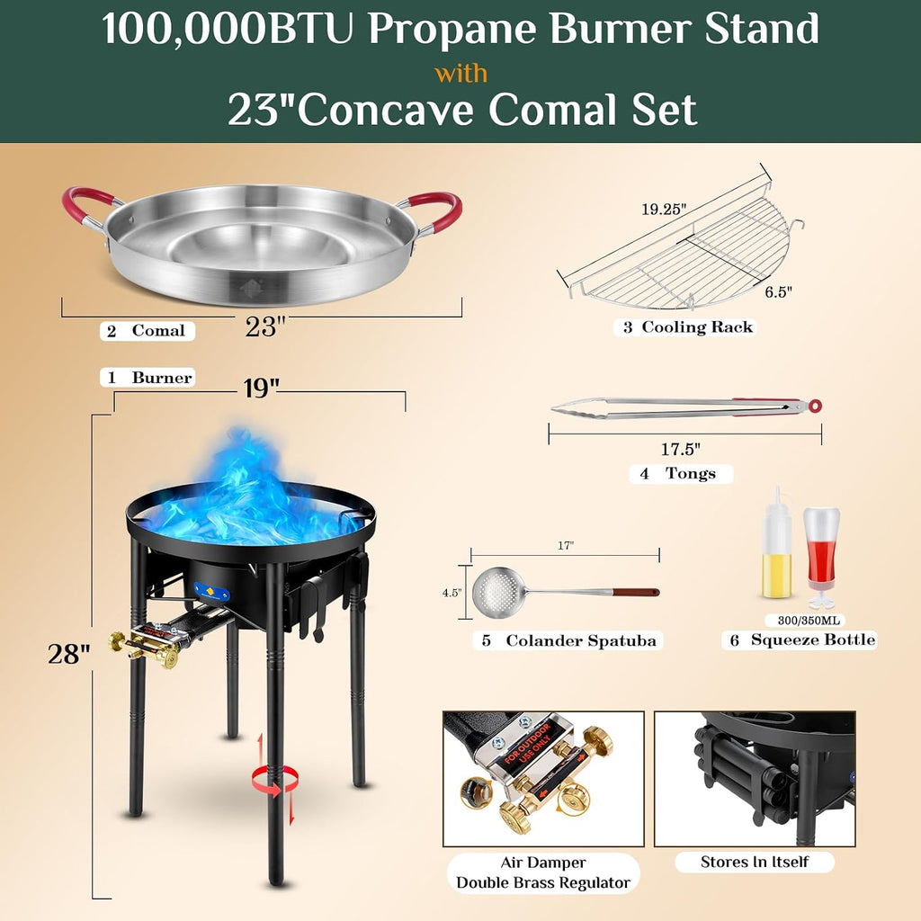 23' Concave Comal w/100,000BTU Propane Grill Burner Set, Discada disc Outdoor Cooker, Stainless Steel Griddle Fryer Cookware Set, Disco Para Cocinar, Tacos Stir Fry Wok, Paella Burner and Stand Set