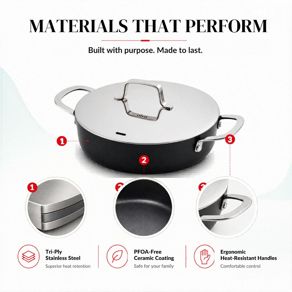 Alva Maestro 3.5 Qt Nonstick Ceramic Saute Pan with Lid, Non Stick Pan with Lid, Saute Pan Nonstick, Large Skillet with Lid, PFAS Free, Induction Compatible, Oven Safe Cooking Pan