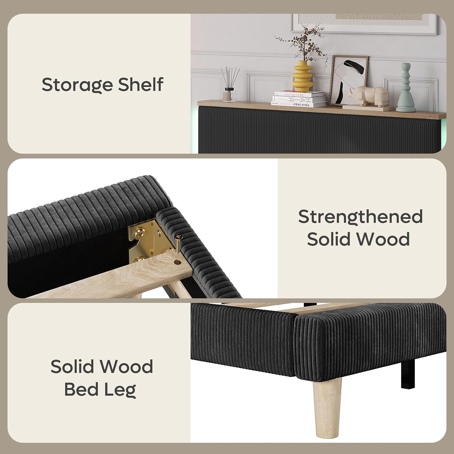 Bestier King Bed Frame with Adjustable Headboard & LED Lighting, Corduroy Upholstered Platform Bed Frame with Storage Shelf, Solid Wood Slats, No Box Spring Needed, Never Squeak, Easy Assembly, Black