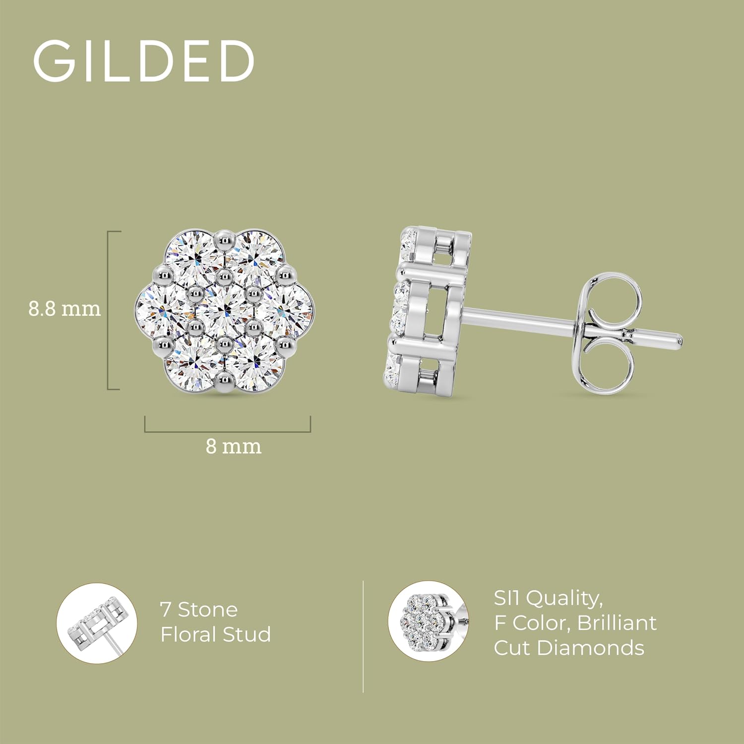 Gilded Lab-Grown Diamond 7 Stone Flower Earrings for Women in 925 Sterling Silver and 14KT Yellow Gold Plated Silver | Hypoallergenic Fine Jewelry | Hinged Closure | SI1 Clarity, F Color |1/4,1/2, 1,2 Carat Total Weight