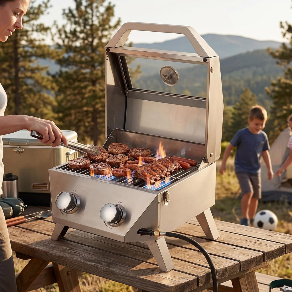 Bestfire 2-Burner Tabletop Gas Grill with Viewing Glass Lid, 20,000 BTU Stainless Steel Portable Propane BBQ Grill, Built-in Thermometer & Push-Button Ignition, for Outdoor Camping, RV, Tailgating