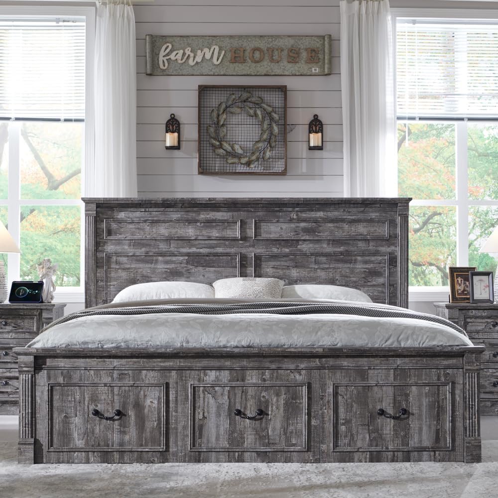 Aitjunz Farmhouse King Size Bed Frame with 51' Tall Headboard, Wood Platform Bed Frame with 20' Tall Roman Column Decoration Footboard & 3 Large Storage Drawers, No Box Spring Needed (Light Grey)