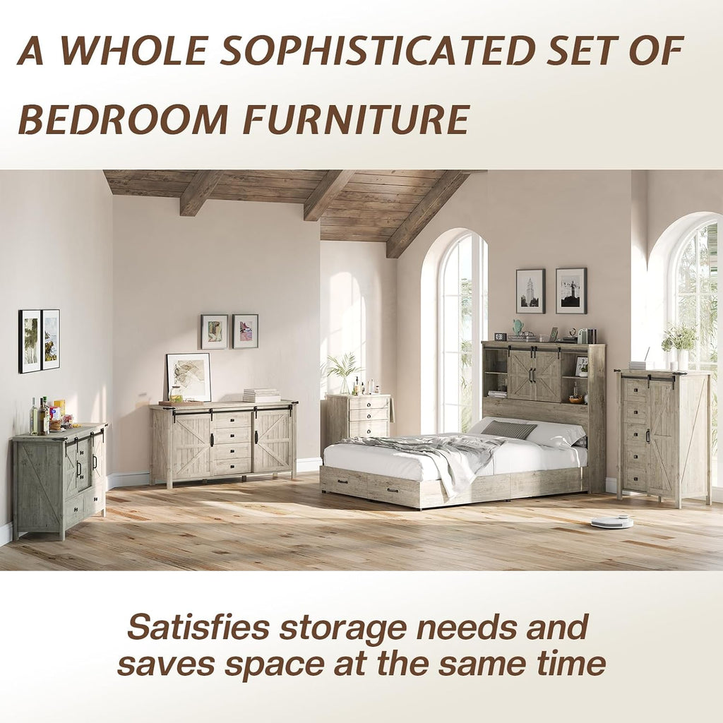 LUXOAK 3 Pieces Bedroom Set - Includes 60' Farmhouse Dresser, 48' Chest of Drawers with Sliding Barn Doors, 48' Tall Storage Cabinet with 5 Drawers, Rustic Grey
