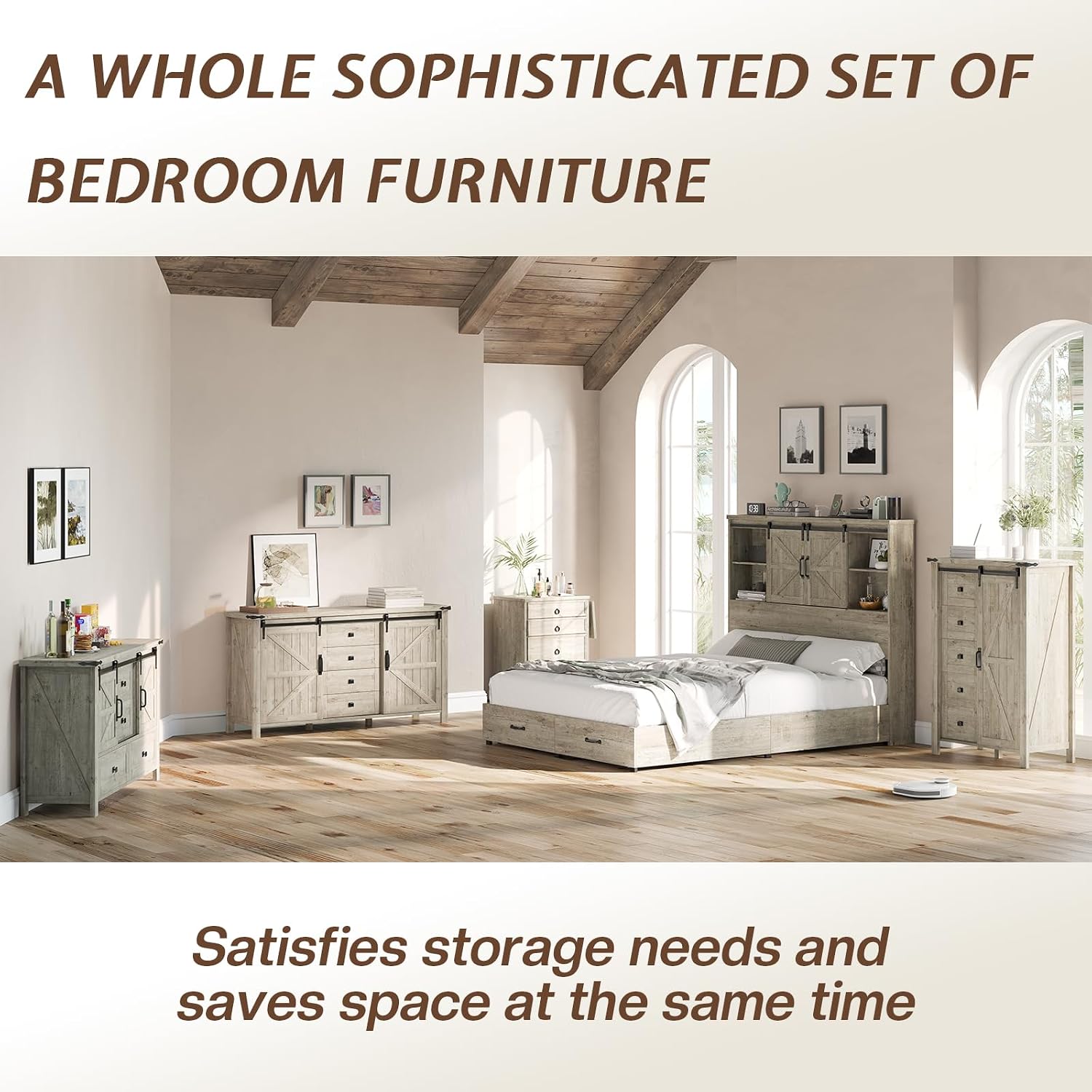LUXOAK 3 Pieces Bedroom Set - Includes 60' Farmhouse Dresser, 48' Chest of Drawers with Sliding Barn Doors, 48' Tall Storage Cabinet with 5 Drawers, Rustic Grey