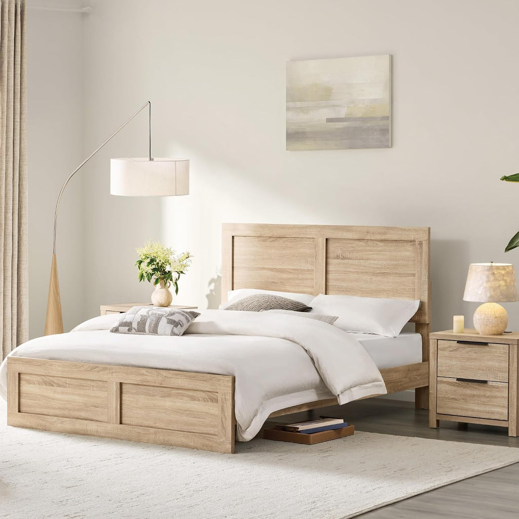 KISLOT 3 Pieces Bedroom Set, Queen Size Wood Platform Bed Frame and 2 Nightstands, Storage Nightstand with Type-C Charging Port, Farmhouse Bedroom Furniture Set