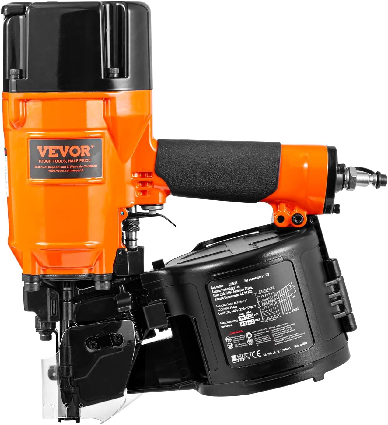 VEVOR Coil Siding/Framing Nailer CN83N, 2' to 3-1/4' 15 Degree Pneumatic Siding Nail Gun with Tool-Less Depth Adjustment, 70-120PSI Air Coil Nailer for Siding Sheathing Wooding Fencing Decking