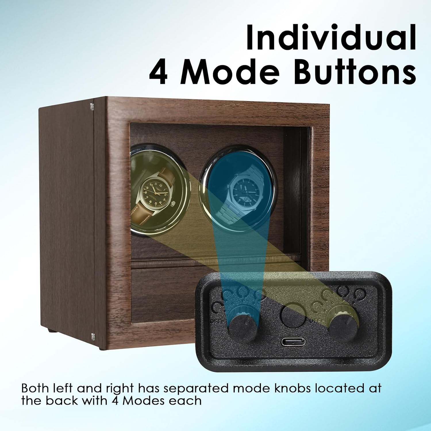 Double Watch Winder for 2 Automatic Watches, Luxury Wood Grain Case with Jewelry Storage Drawer, Ultra-Quiet Motor, 4 Modes & Blue LED - Professional Watch Box for Collectors