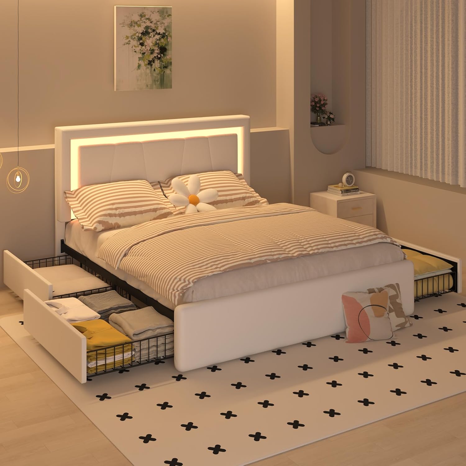 Benevika Queen Size Bed Frame with 4 Storage Drawers and LED Headboard, Upholstered Platform with Type-C&USB Ports, Faux Leather, Easy Assembly, Beige