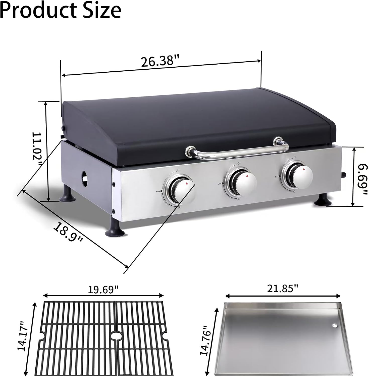 3-Burner Flat Top Grill, 28650 BTU Portable Propane Gas Griddle with Cast Iron Grill Net and Stainless Steel Baking Tray, Tabletop Gas Griddle for Camping, Tailgating, Outdoor BBQ