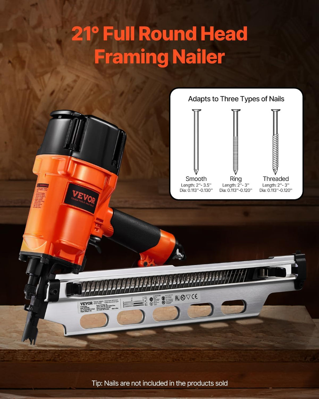 VEVOR Framing Nailer, 2' to 3-1/2' 21 Degree Full Round Head Pneumatic Framing Nailer with Dual Trigger Modes & Tool-Less Depth Adjustment, 80-120PSI Pro Air Nail Gun for Framing Flooring Decking
