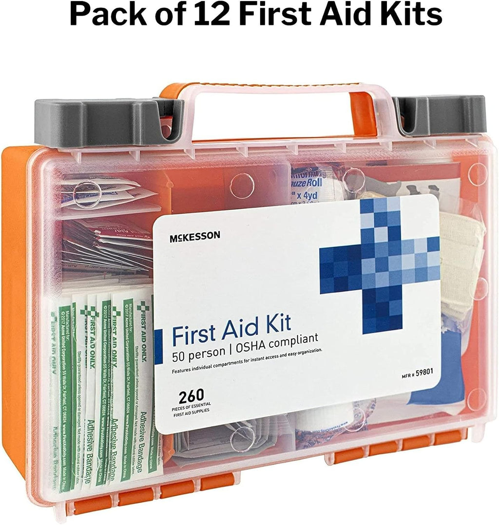McKesson First Aid Kit, 260 Pieces, OSHA Compliant 50 Person Kit for Car, Home, Office, Camping, Travel, Case of 12