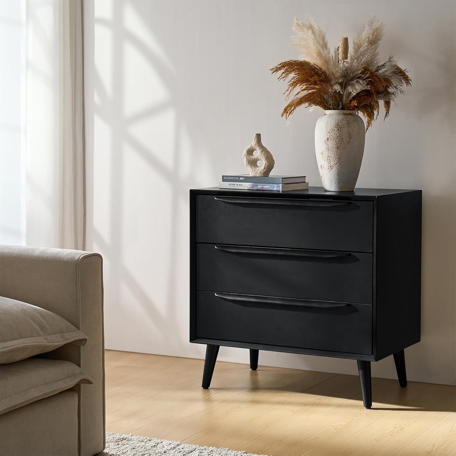 HULALA HOME Mid-Century Modern Nightstand, 3-Drawers Nightstand with Charging Station(Black)