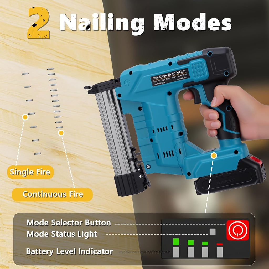 Electric Nail Gun 2 Modes Battery Powered 18 Ga Brad Nailer, 20V Cordless Nail Gun Compatible with Battery, Copper Motor Heavy Duty Stapler for Woodworking Projects (2 Batteries)