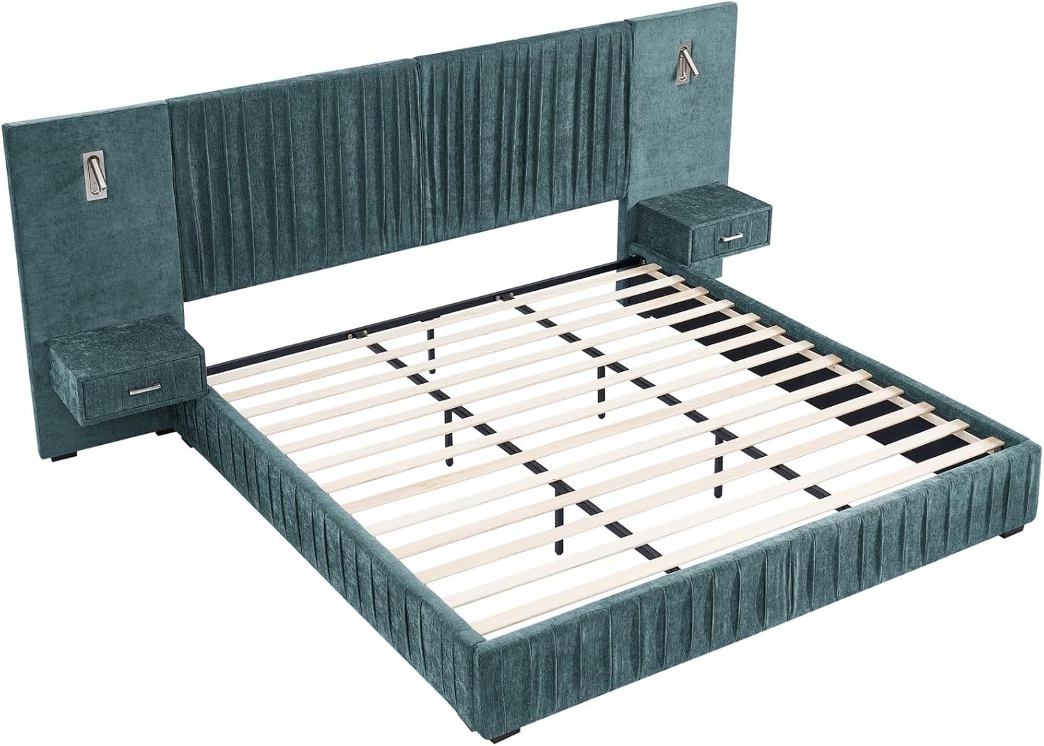 KEIKI King Size Chenille Bed Frame with 2 Nightstands, Lamps & Oversize Headboard, Solid Wood Frame Platform Night Stand Bedroom Set, Upholstered Floor Grounded Bed, No Box Spring Needed, Blue Green