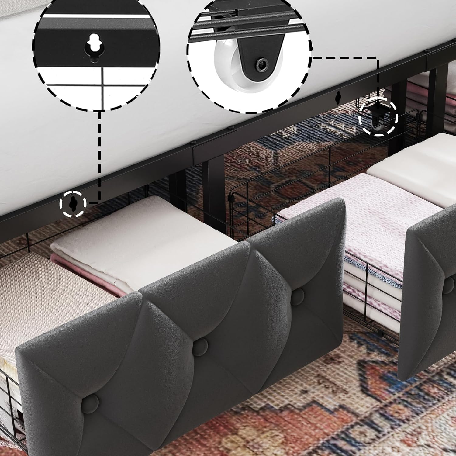 Keyluv Full Upholstered Canopy Bed Frame with 2 Storage Drawers & Button Tufted Headboard, Metal Platform Bed with 4 Removable Posts, Two-Purpose Velvet Bed, Dark Grey/Curtain Not Included