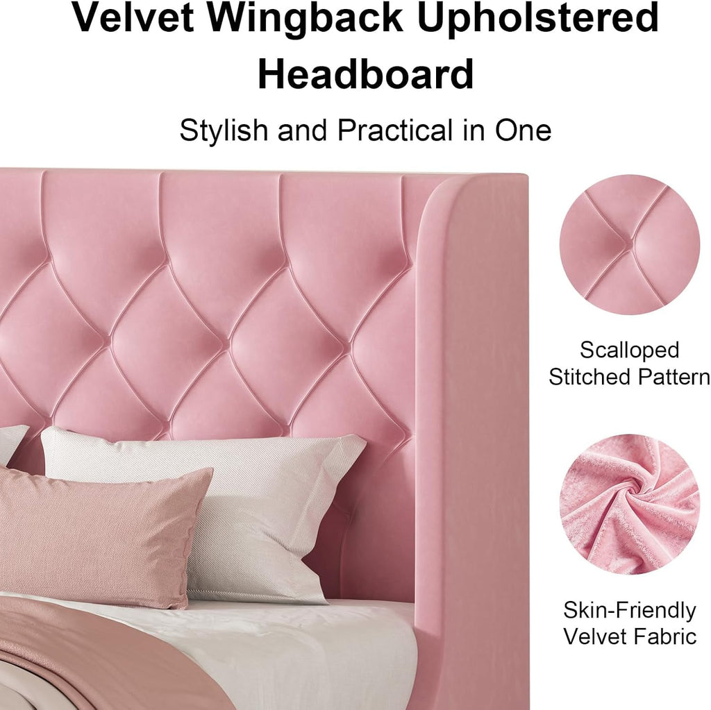 HOMBCK Pink Queen Bed Frame, Upholstered Platform Bed Frame with Velvet Tufted Headboard, Curved Wingback Design, Wooden Slats, No Box Spring, Noise Free, Easy Assembly