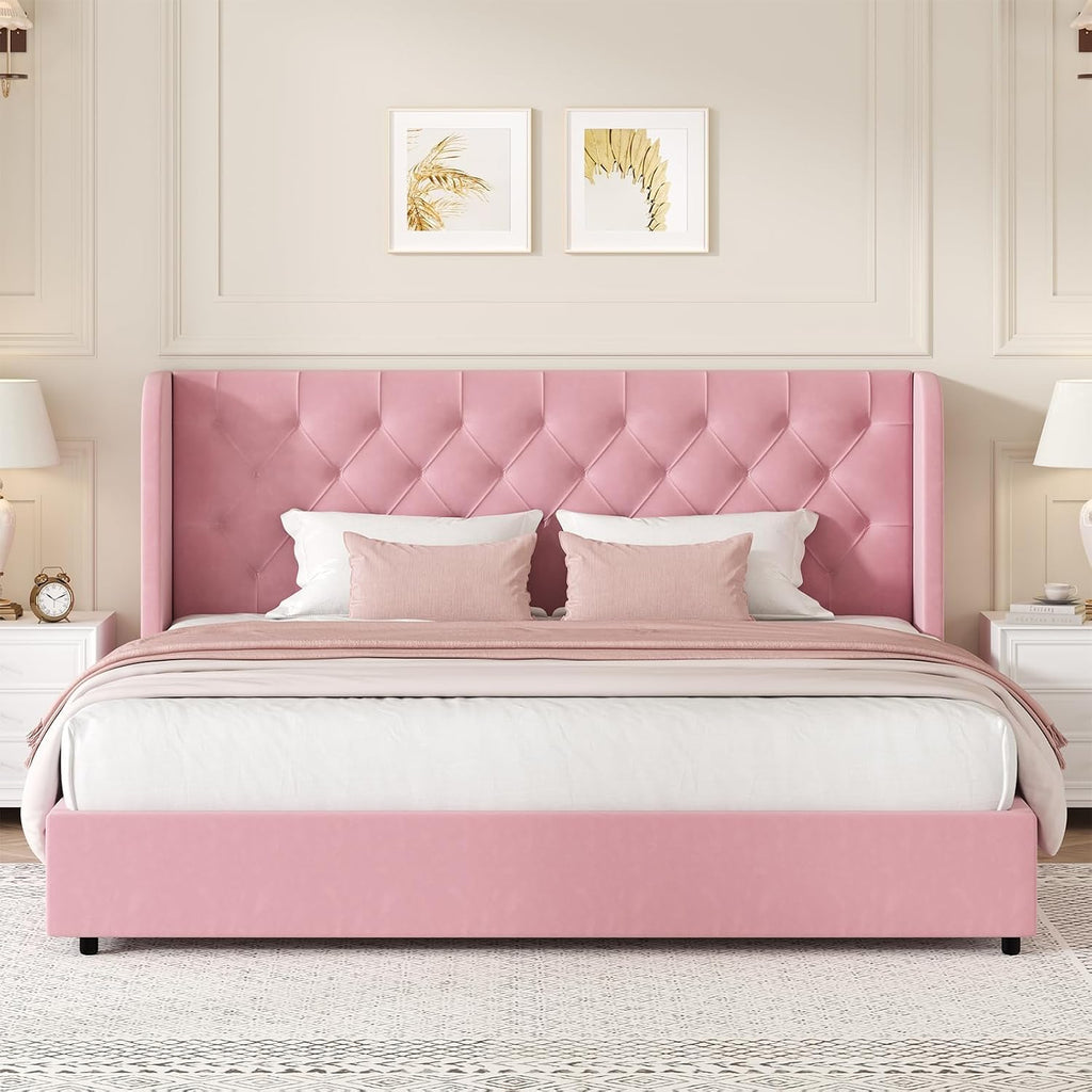HOMBCK Pink King Size Bed Frame, Upholstered Platform Bed Frame with Velvet Tufted Headboard, Curved Wingback Design, Wooden Slats, No Box Spring, Noise Free, Easy Assembly