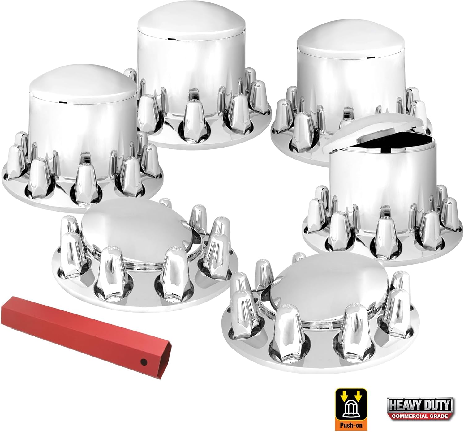 GG Grand General 40232 Chrome Plastic Complete ABS Axle Set (2 Front and 4 Rear) with Standard Hub Caps and Push-On 33mm Lug Nut Covers for Trucks, 4 Pack