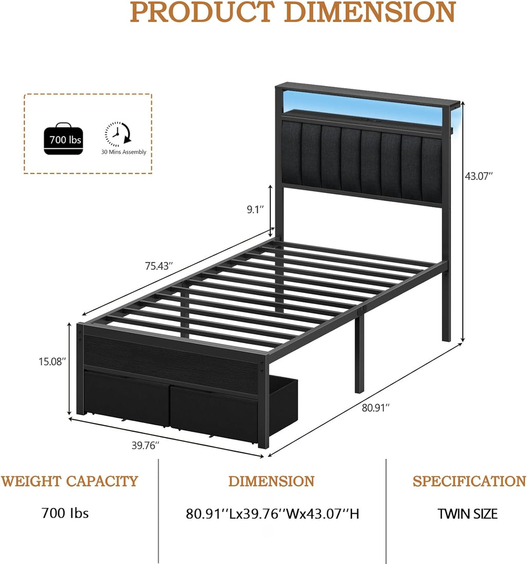 Furnulem Twin Bed Frames with Charging Station and LED Lights, Grey Upholstered Headboard with Shelves, Metal Platform Bed with 2 Under-Bed Storage (Fabric Drawer on Wheels), No Box Spring Needed