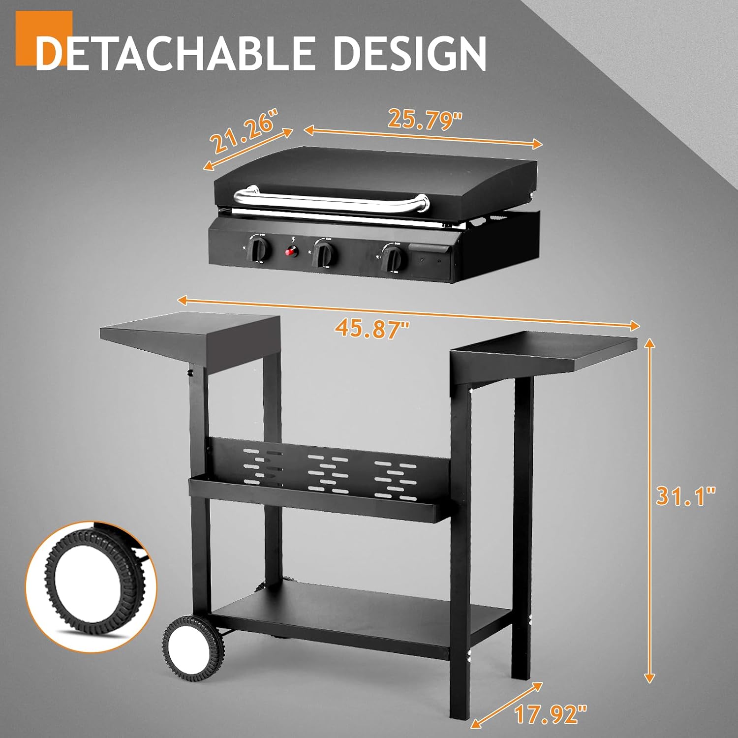 Portable 3-Burner Flat Top Gas Griddle with Side Shelves and Spice Rack, Cooking Station with Ceramic Coated Cast Iron Pan, 30000 BTU Propane Tabletop Griddle for Outdoor Barbecue, Grilling