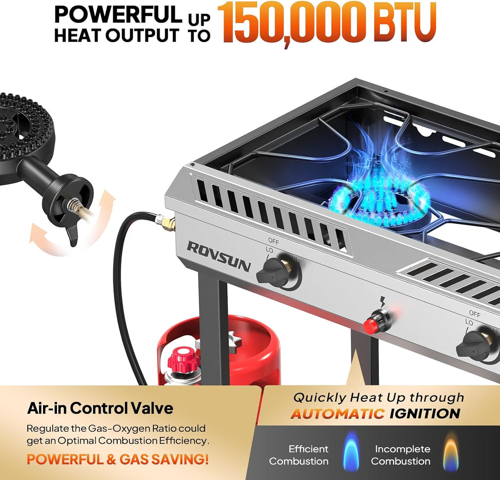 ROVSUN 2 Burner Propane Stove with Auto Ignition, 150,000 BTU Gas Stove with Storage Shelf, Rolling Wheels & Regulator for Home Outdoor Backyard Camping Cooking Frying Brewing Canning