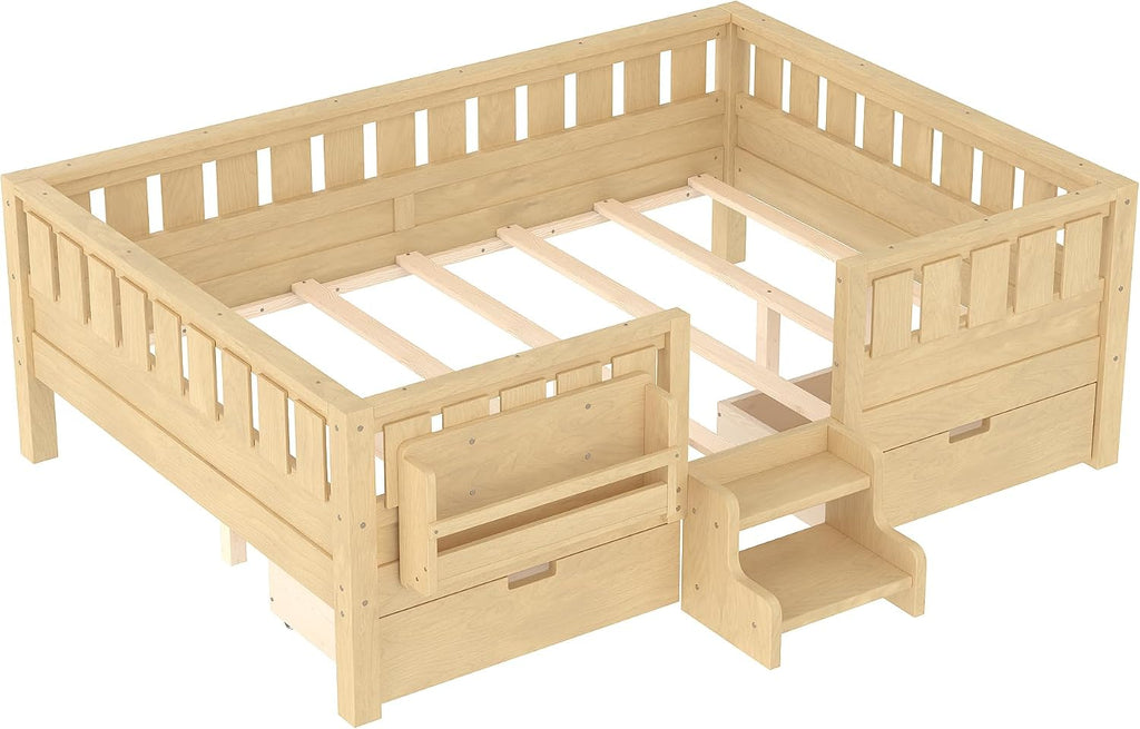 Bellemave Full Floor Bed with Stairs, Rails and Slats, Full Size Montessori Floor Bed with Bookshelf and 2 Storage Drawers, Easy Assemble Montessori Beds Frame for Girls, Boys, Light Natural